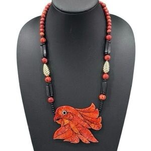 Vtg Lee Sands Coral
Cockatoo Bird Pendant
Beaded Necklace 26" Red
Black Mosaic